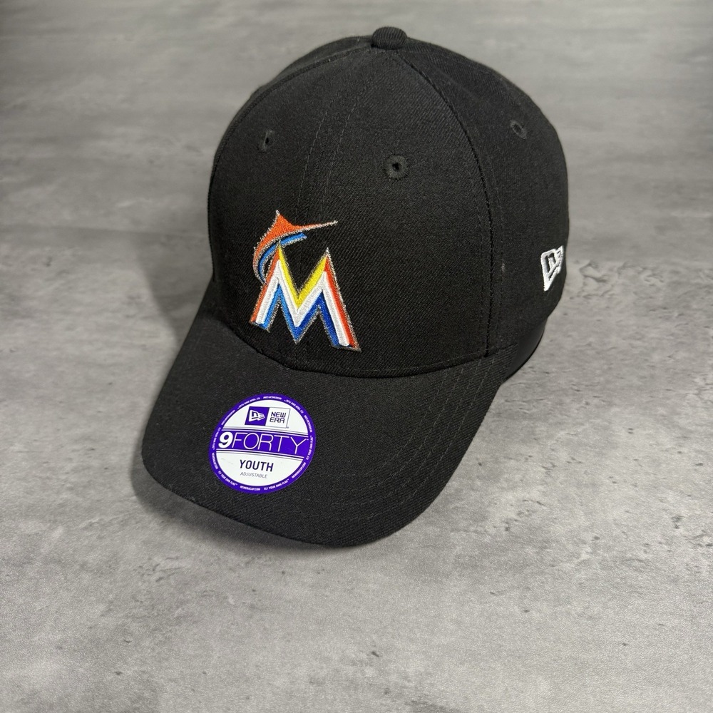 Miami Marlins Hat New Era Cap Black Youth Kids 9Forty Adjustable Strapback MLB